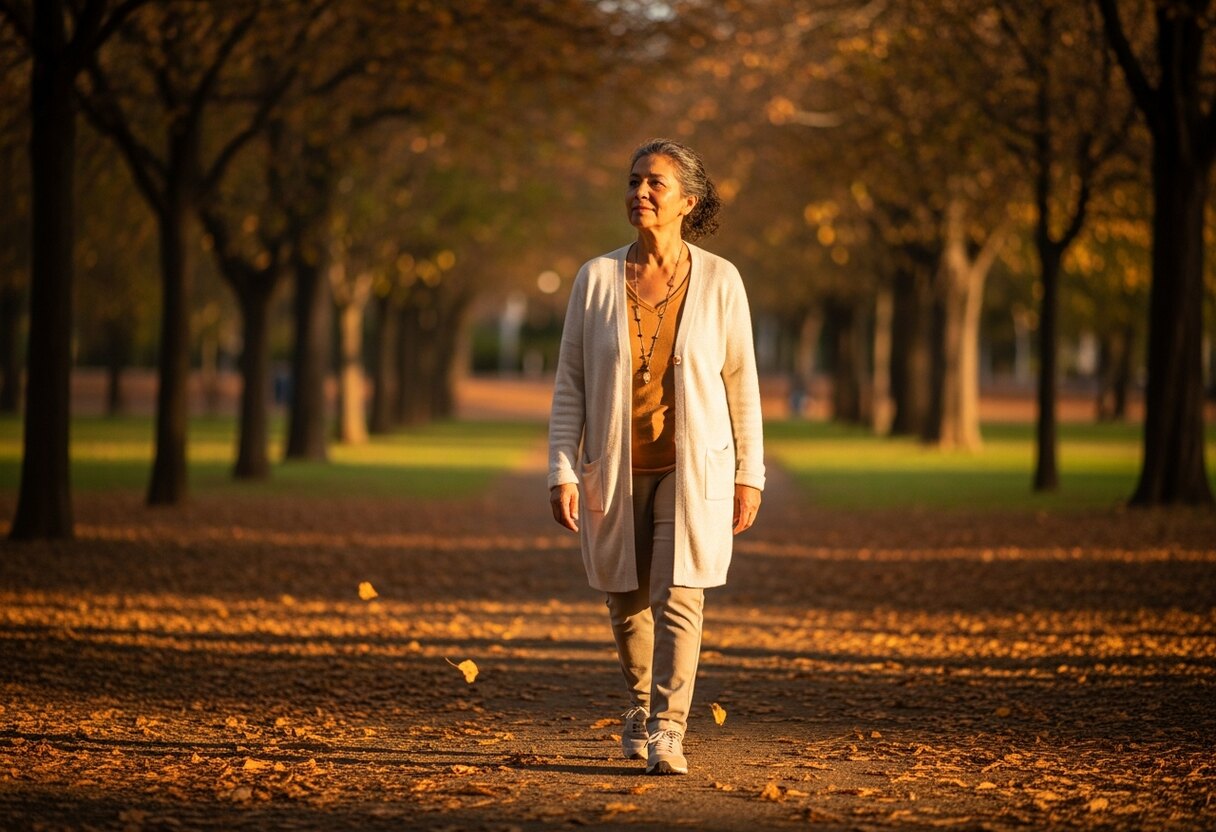 A woman walking through a quiet park in soft autumn light